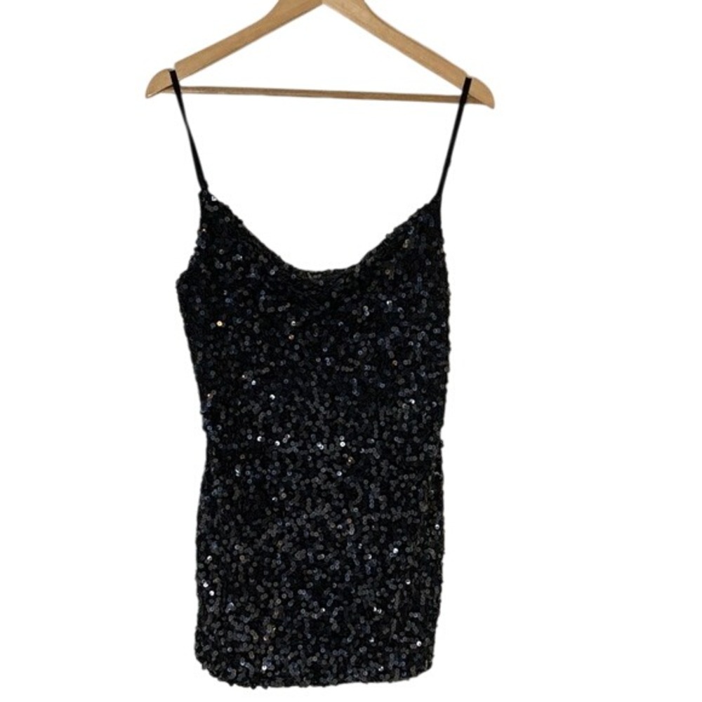 Cosmo Made In Italy Black Sequin Black Mini‎ Dress Long Tank Size Large Stretch